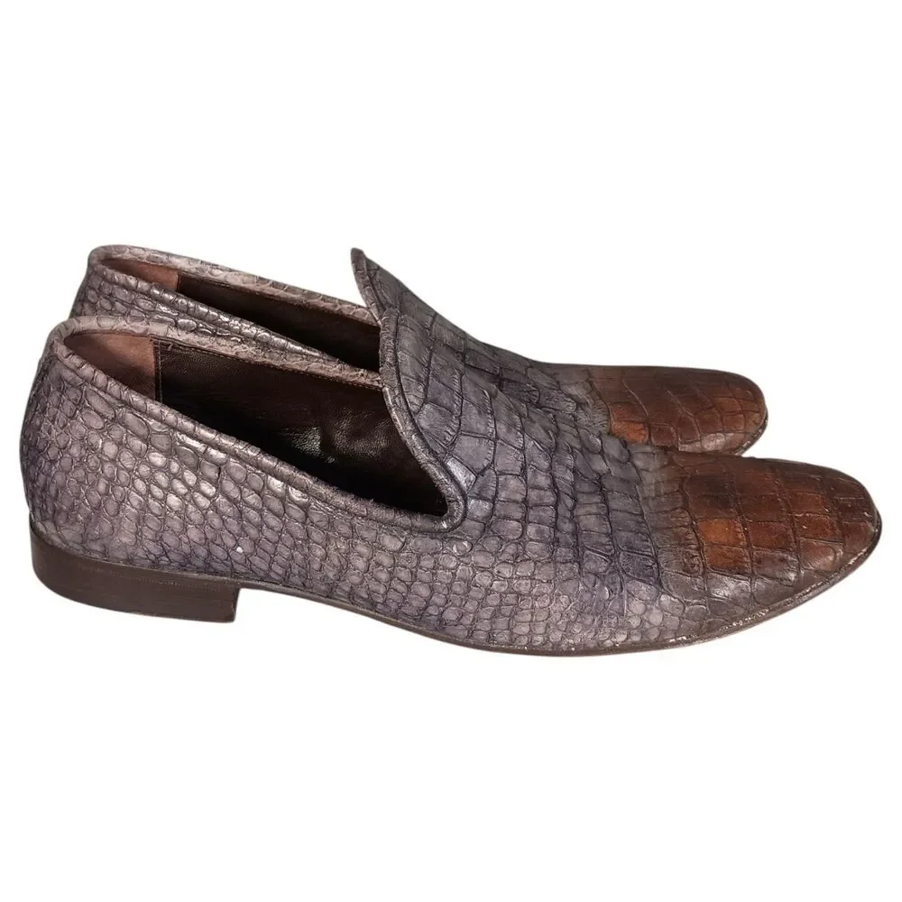 Jo Ghost Mens Shoe Slip on Loafer Grey Brown Croc 45/US 12 Leather Made In Italy